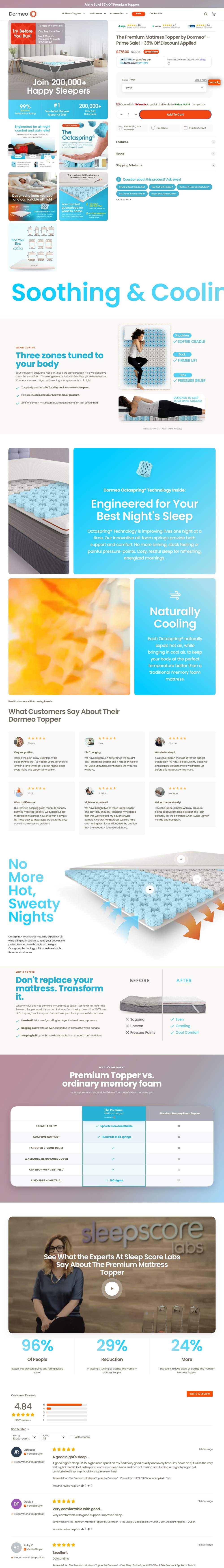 Dormeo USA landing page: The Premium Mattress Topper by Dormeo® - Prime Sale! - 35% Off Discount Applied