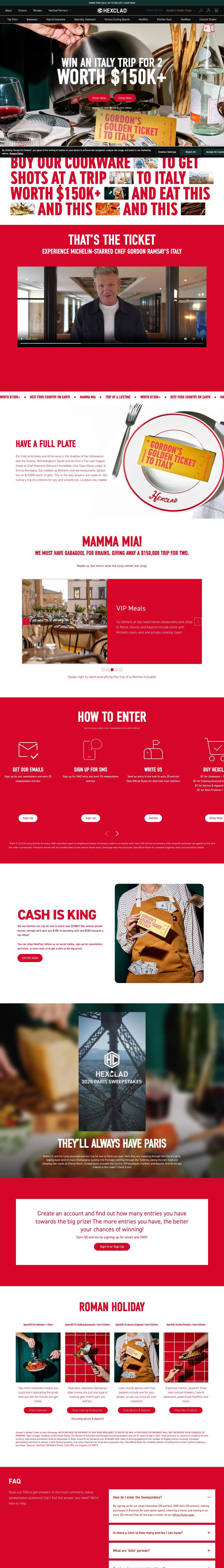 HexClad landing page: WIN AN ITALY TRIP FOR 2 WORTH $150K+