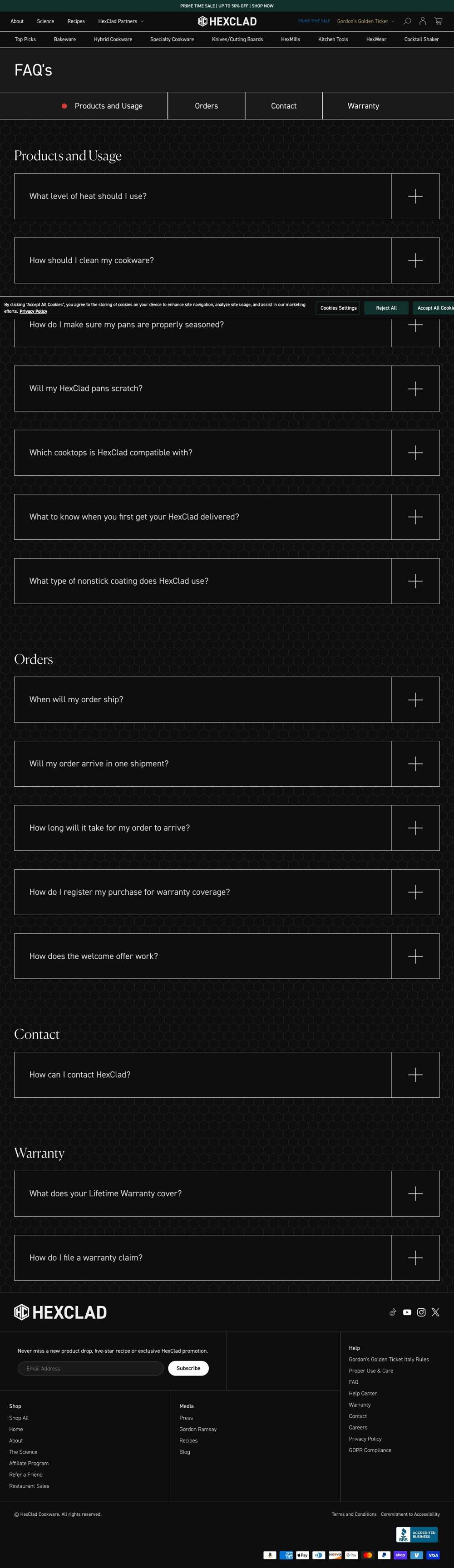 HexClad landing page: FAQ's