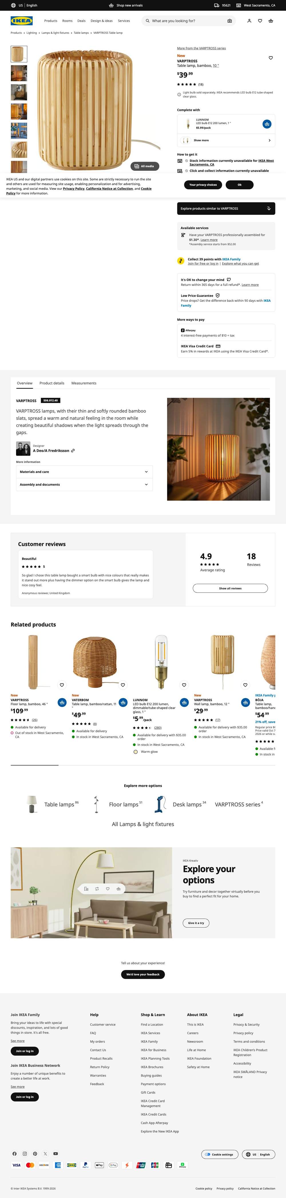 IKEA landing page: VARPTROSS Table lamp, bamboo, 10 "