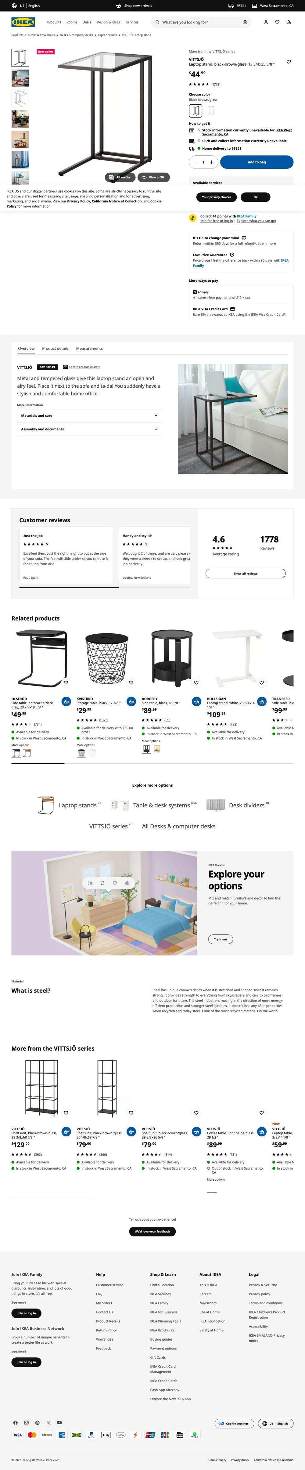 IKEA landing page: VITTSJÖ Laptop stand, black-brown/glass, 13 3/4x25 5/8 "