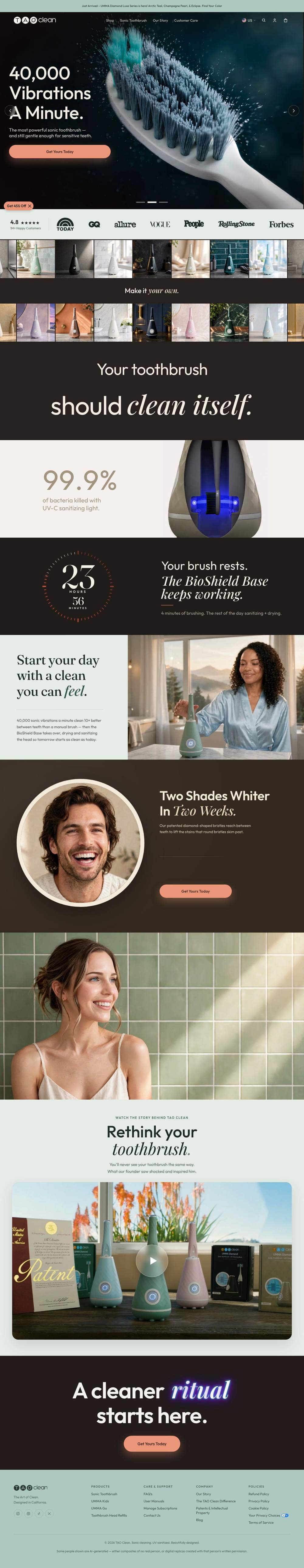 TAO Clean landing page: The World’s Cleanest Toothbrush.