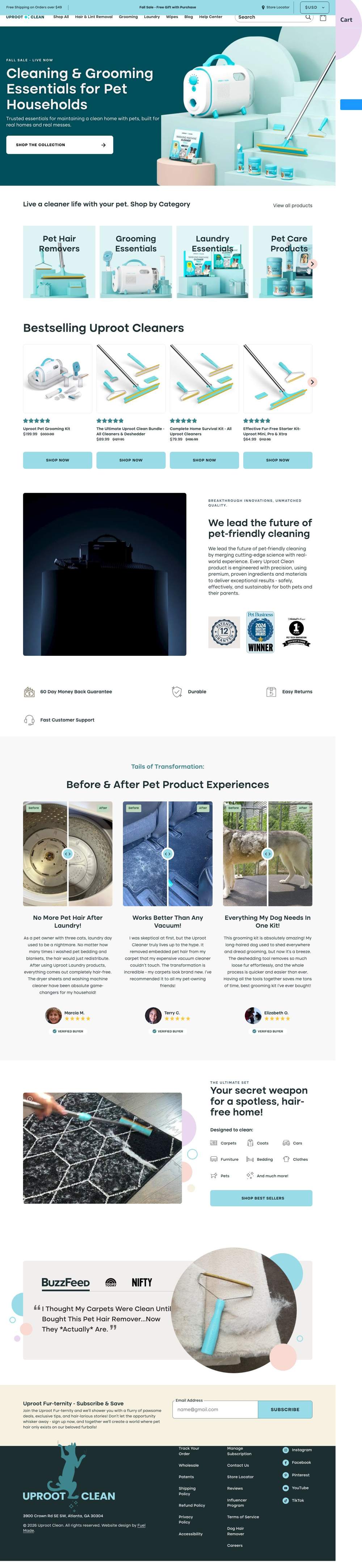 Uproot Clean landing page: Cleaning & Grooming Essentials for Pet Households