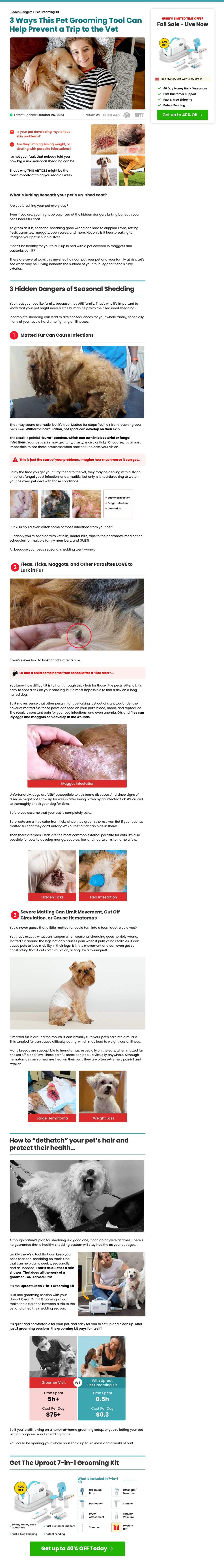 Uproot Clean landing page: 3 Ways This Pet Grooming Tool Can Help Prevent a Trip to the Vet