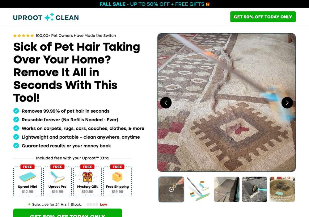 Uproot Clean landing page: The Complete Pet Hair Solution