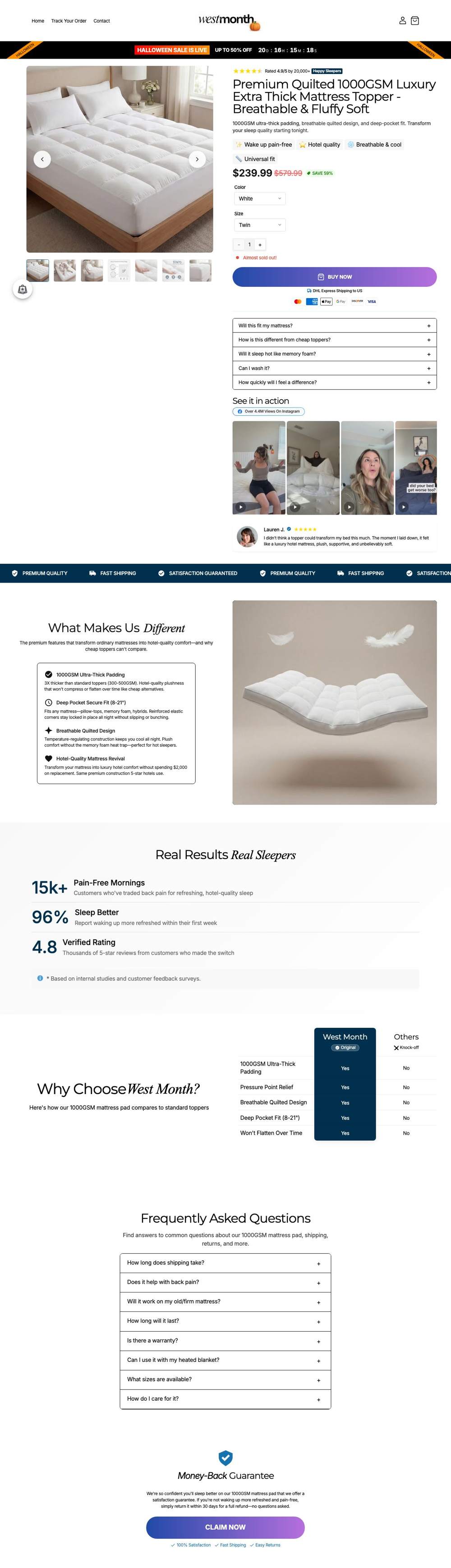 West Month Store landing page: Premium Quilted 1000GSM Luxury Extra Thick Mattress Topper - Breathable & Fluffy Soft