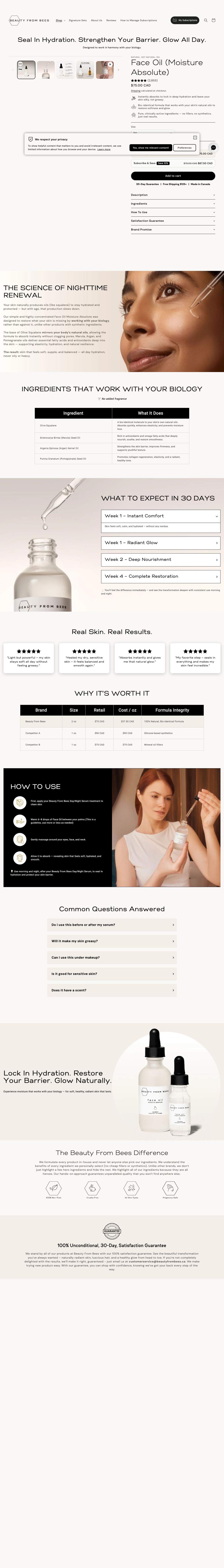 Beauty From Bees landing page: Face Oil (Moisture Absolute)