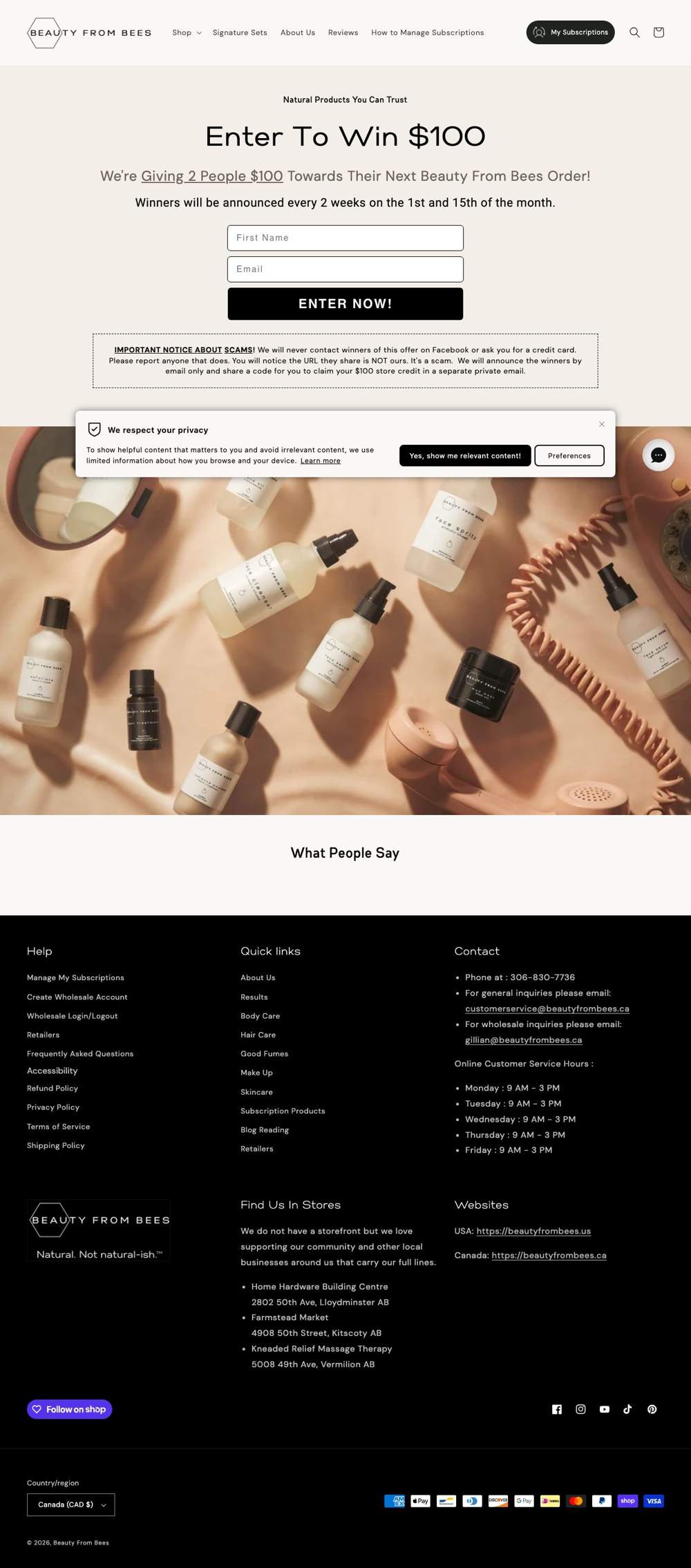 Beauty From Bees landing page: Enter To Win $100