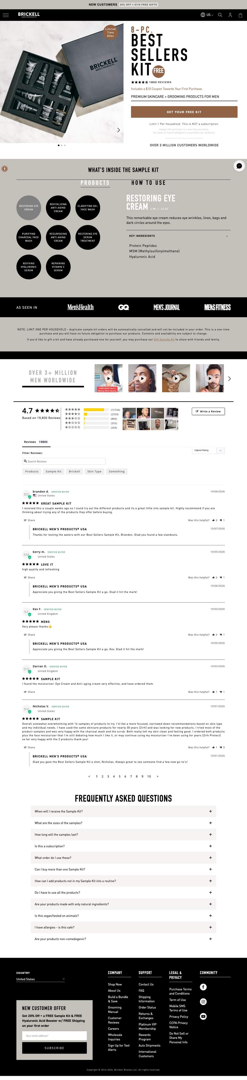 Brickell Men's Products landing page: 8-PC. BEST SELLERS KIT FREE