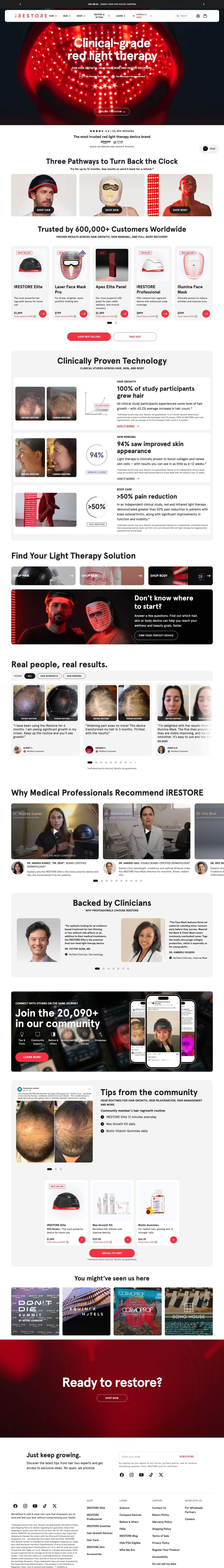 iRESTORE Skincare landing page: Clinical-grade red light therapy