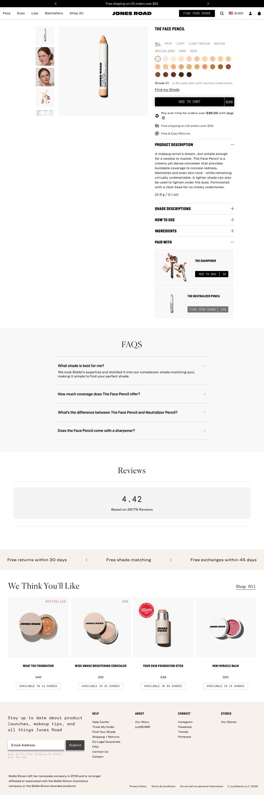 Jones Road Beauty landing page: THE FACE PENCIL