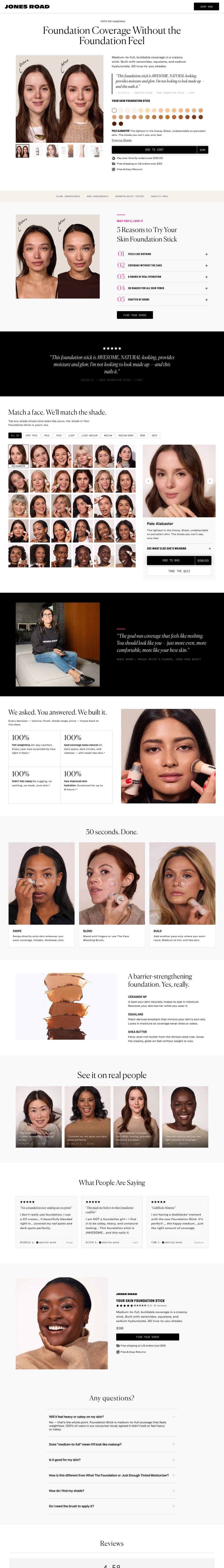 Jones Road Beauty landing page: Foundation Coverage Without the Foundation Feel