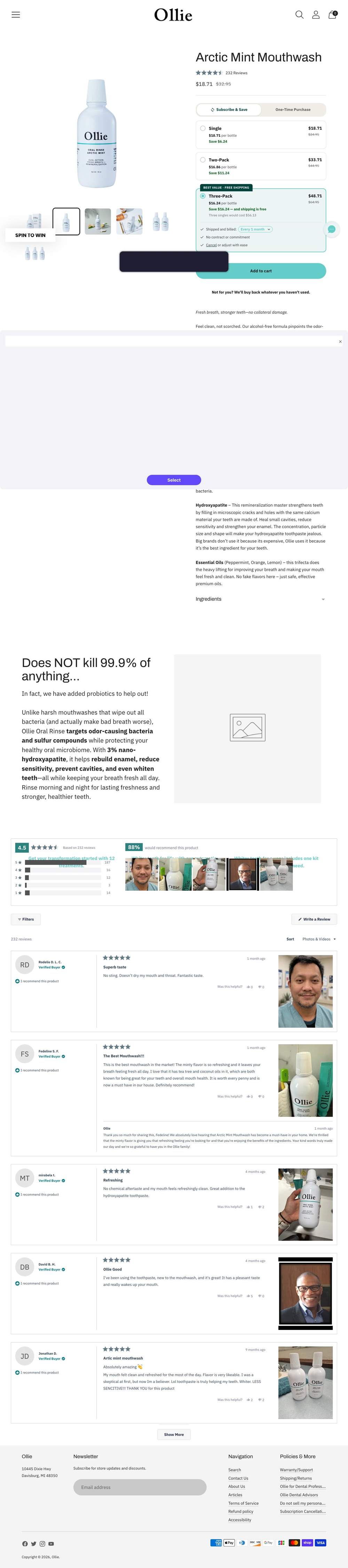 OllieSmile landing page: Arctic Mint Mouthwash – Ollie