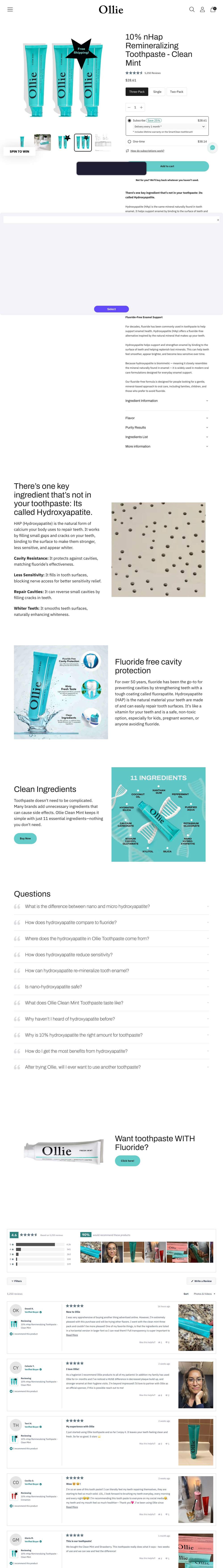 OllieSmile landing page: 10% nHap Remineralizing Toothpaste - Clean Mint – Ollie