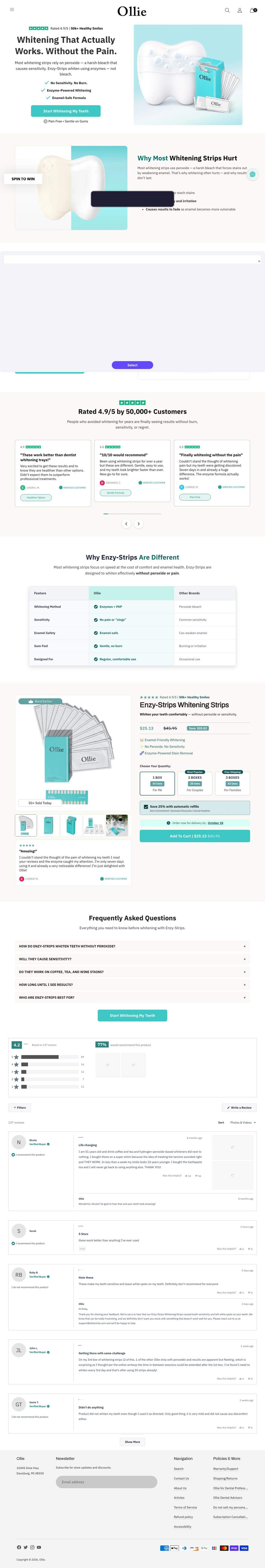 OllieSmile landing page: Enzy-Strips Whitening Strips – Ollie