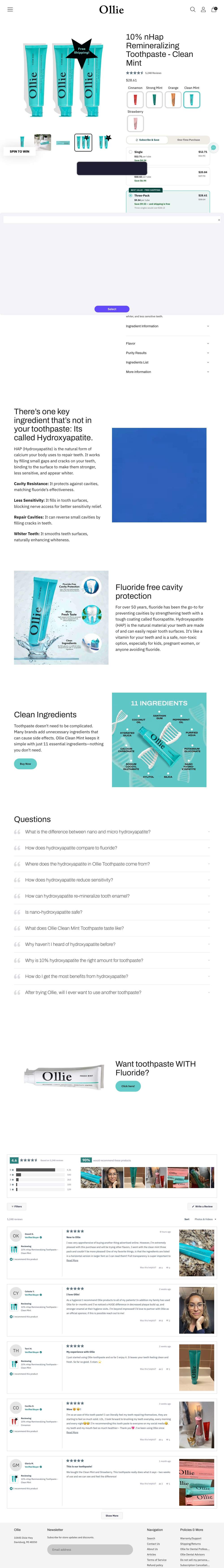OllieSmile landing page: 10% nHap Remineralizing Toothpaste - Clean Mint – Ollie