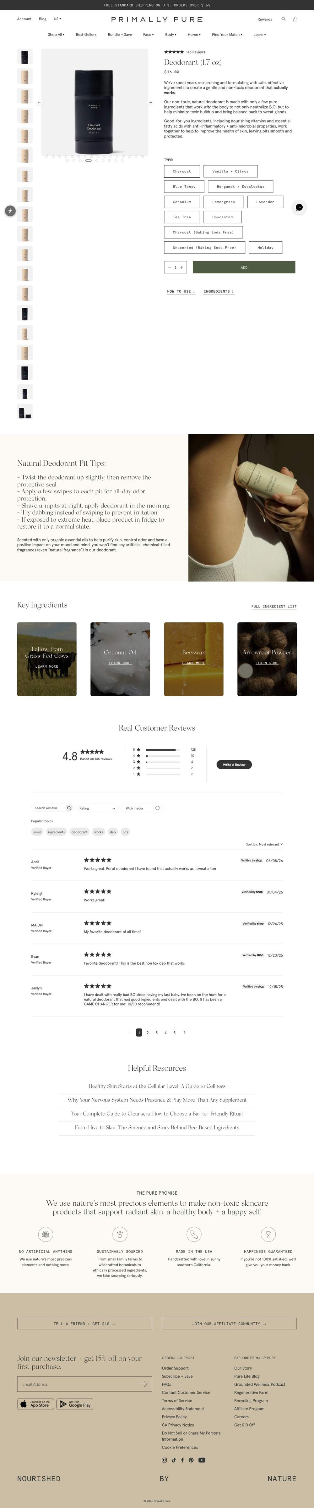 Primally Pure Skincare landing page: Deodorant (1.7 oz)