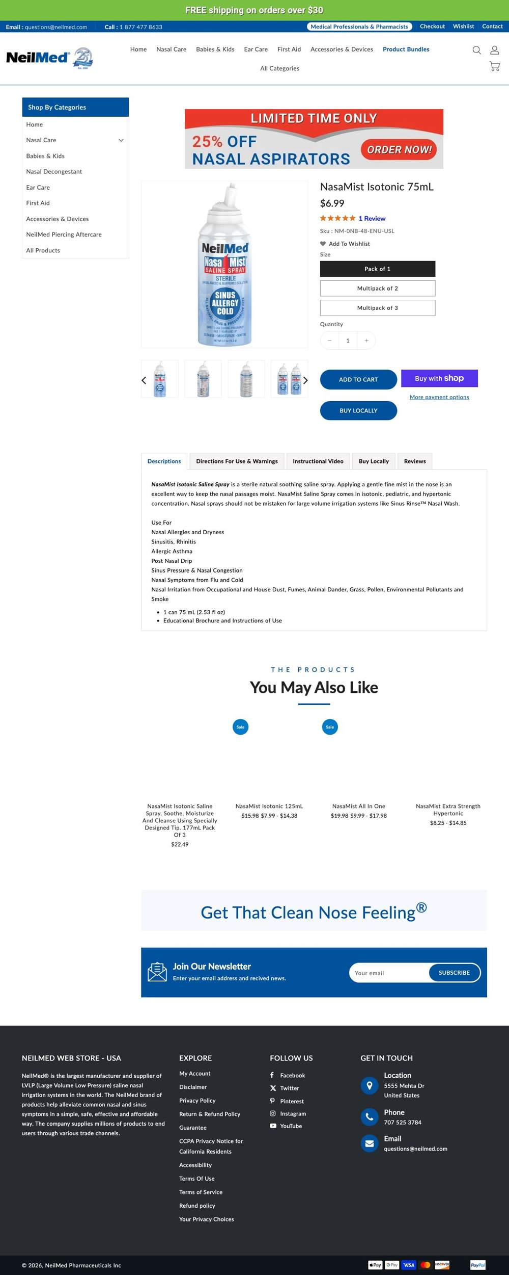 NeilMed Sinus Rinse landing page: NasaMist Isotonic 75mL