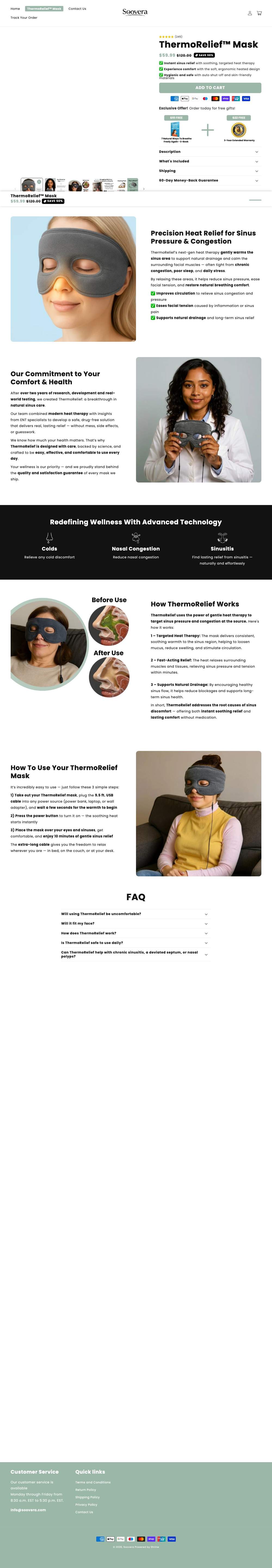 Soovera landing page: ThermoRelief™ Mask