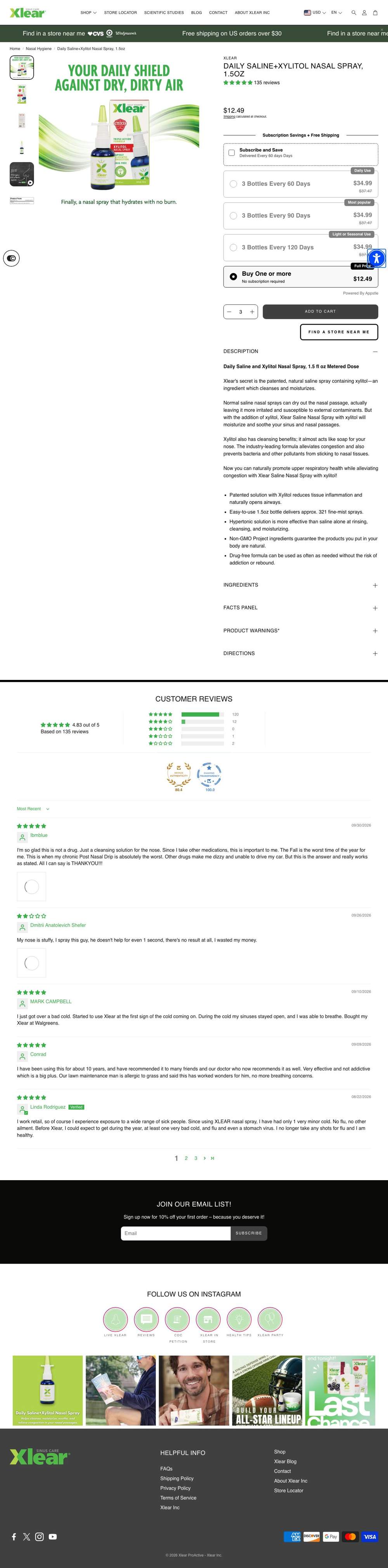 Xlear landing page: DAILY SALINE+XYLITOL NASAL SPRAY, 1.5OZ