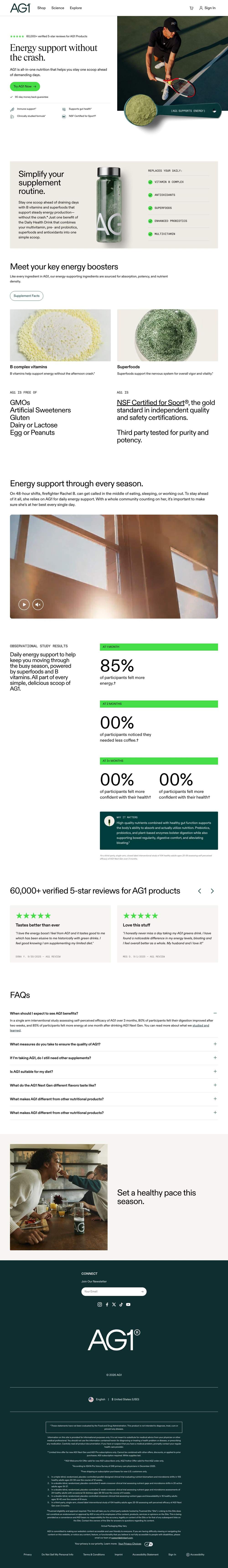 AG1 by Athletic Greens landing page: Energy support without the crash.