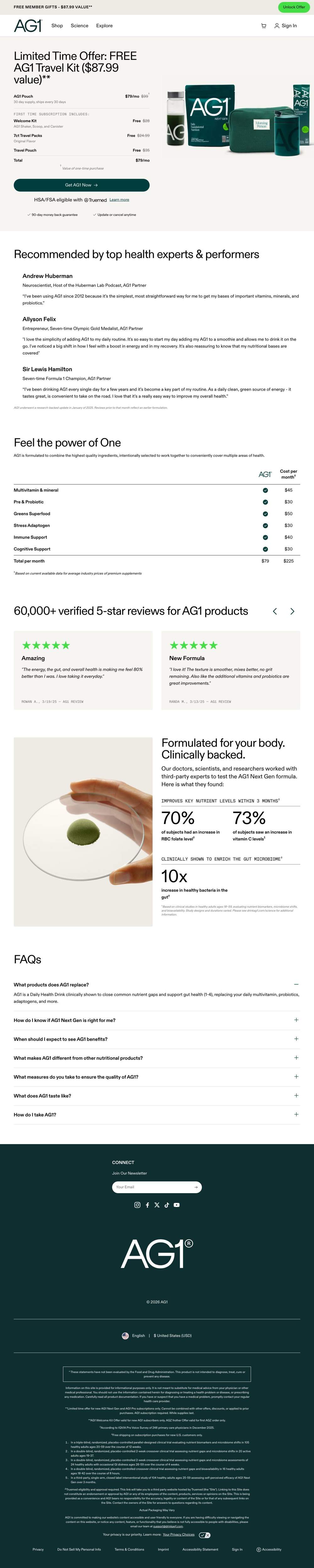 AG1 by Athletic Greens landing page: Limited Time Offer: FREE AG1 Travel Kit ($87.99 value)**