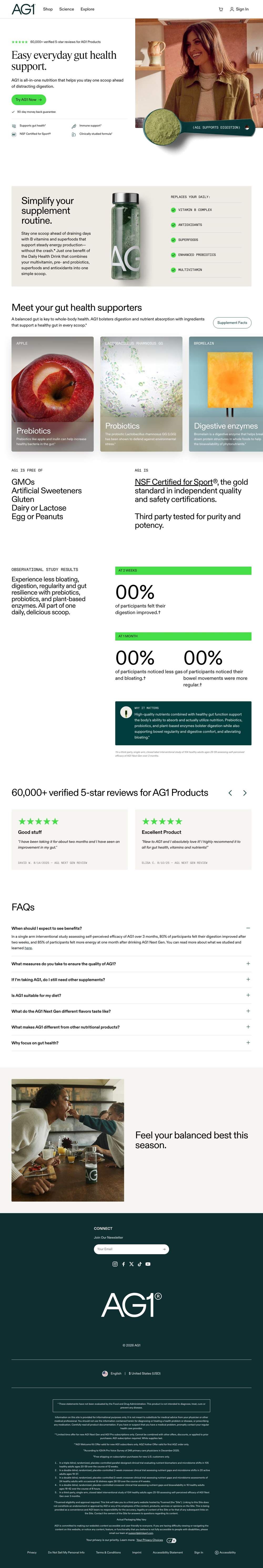 AG1 by Athletic Greens landing page: Easy everyday gut health support.