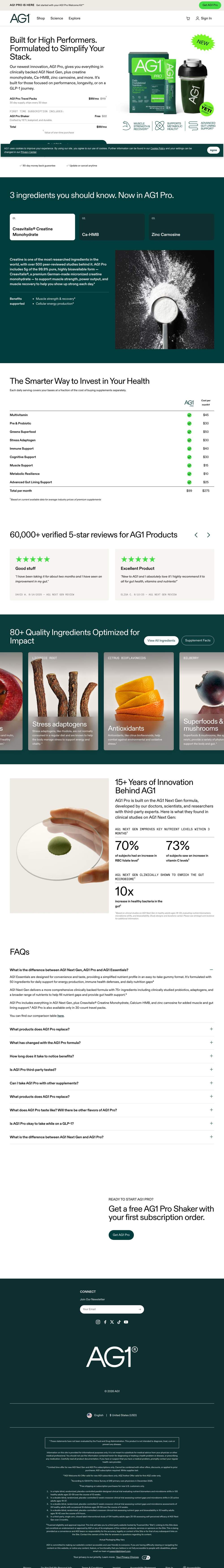 AG1 landing page: Built for High Performers. Formulated to Simplify Your Stack.