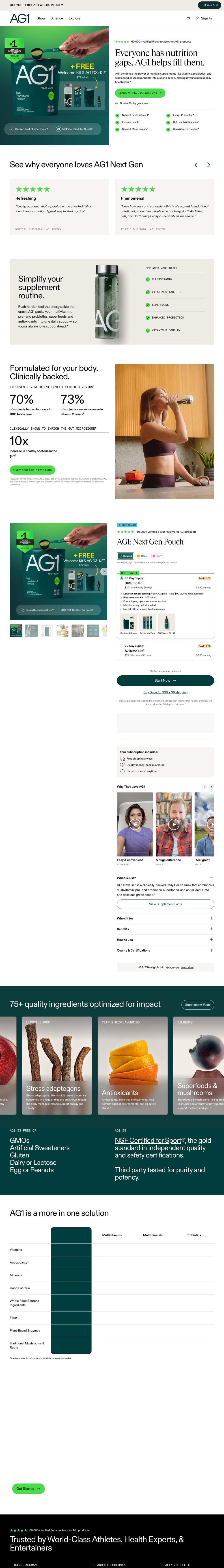 AG1 landing page: Everyone has nutrition gaps. AG1 helps fill them.