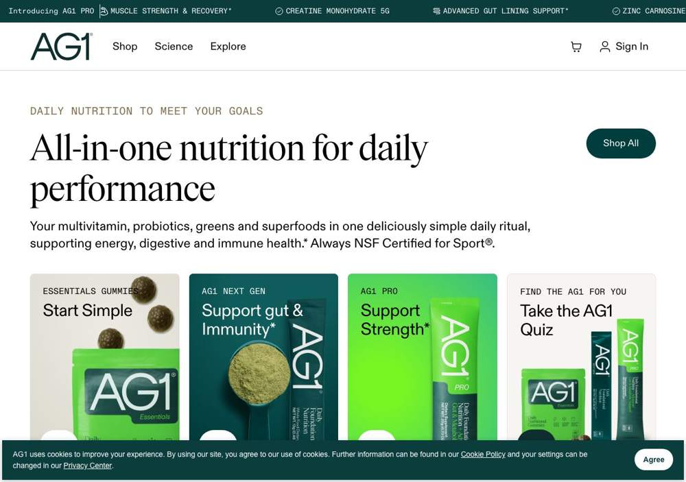 AG1 landing page: All-in-one nutrition for daily performance