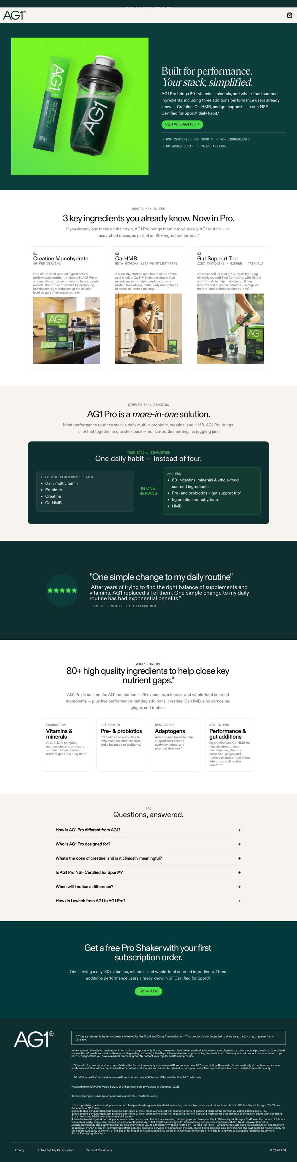 AG1 landing page: Built for performance. Your stack, simplified.