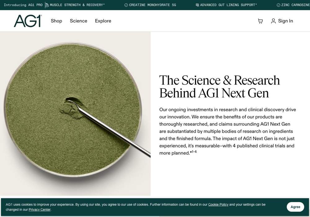 AG1 landing page: The Science & Research Behind AG1 Next Gen