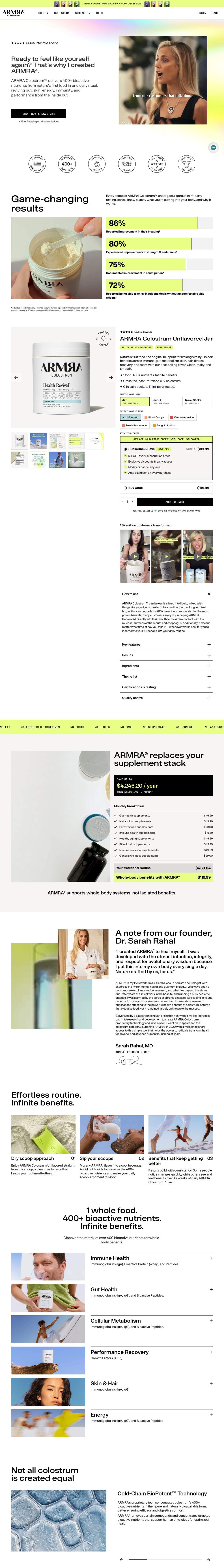 ARMRA landing page: ARMRA Colostrum Unflavored Jar