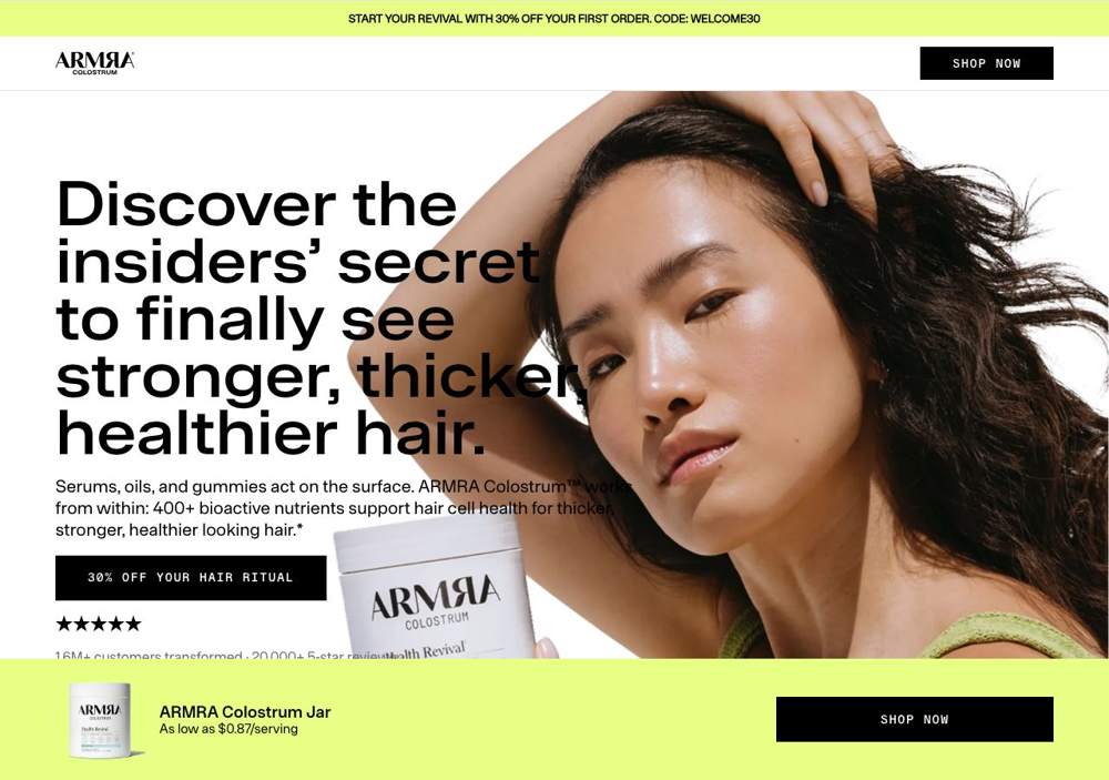 ARMRA landing page: Discover the insiders’ secret to finally see stronger, thicker, healthier hair.