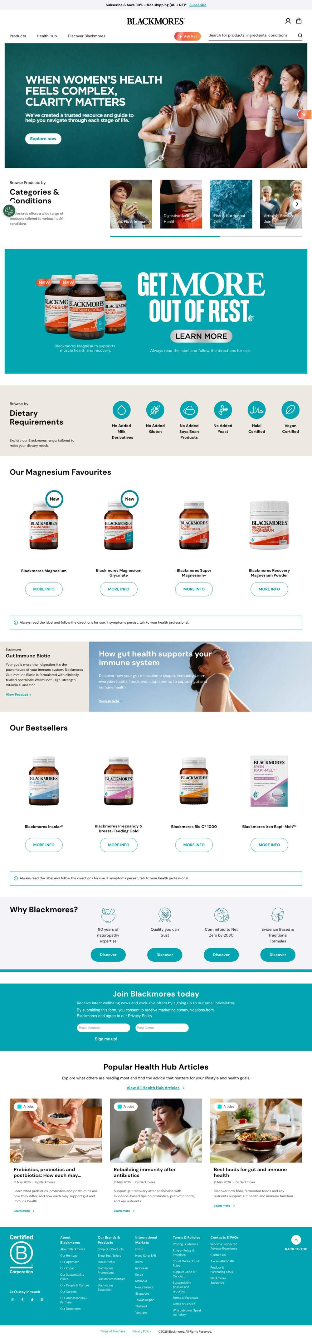 Blackmores landing page: Categories & Conditions