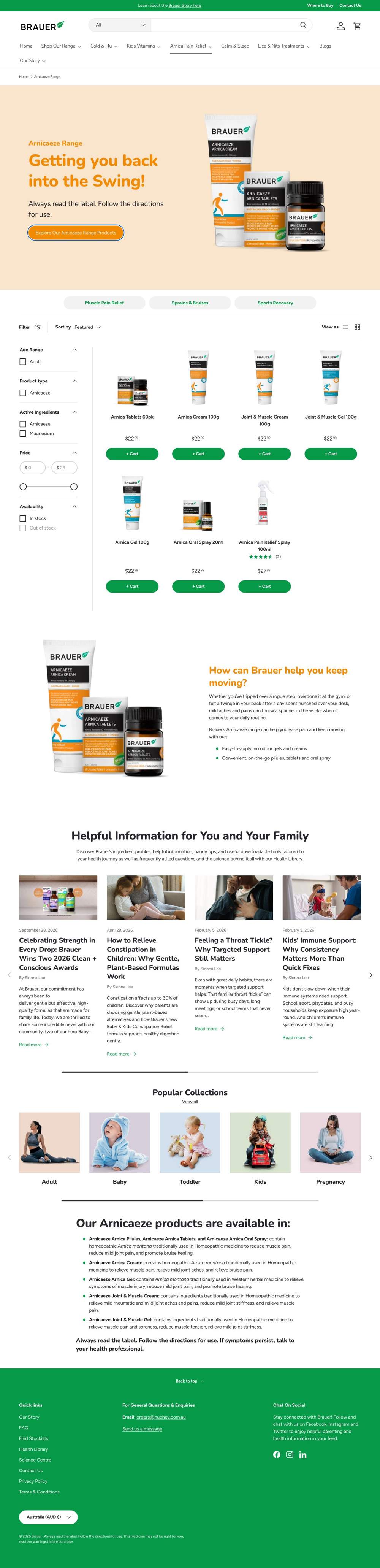 Brauer Natural Medicine landing page: Arnicaeze Range