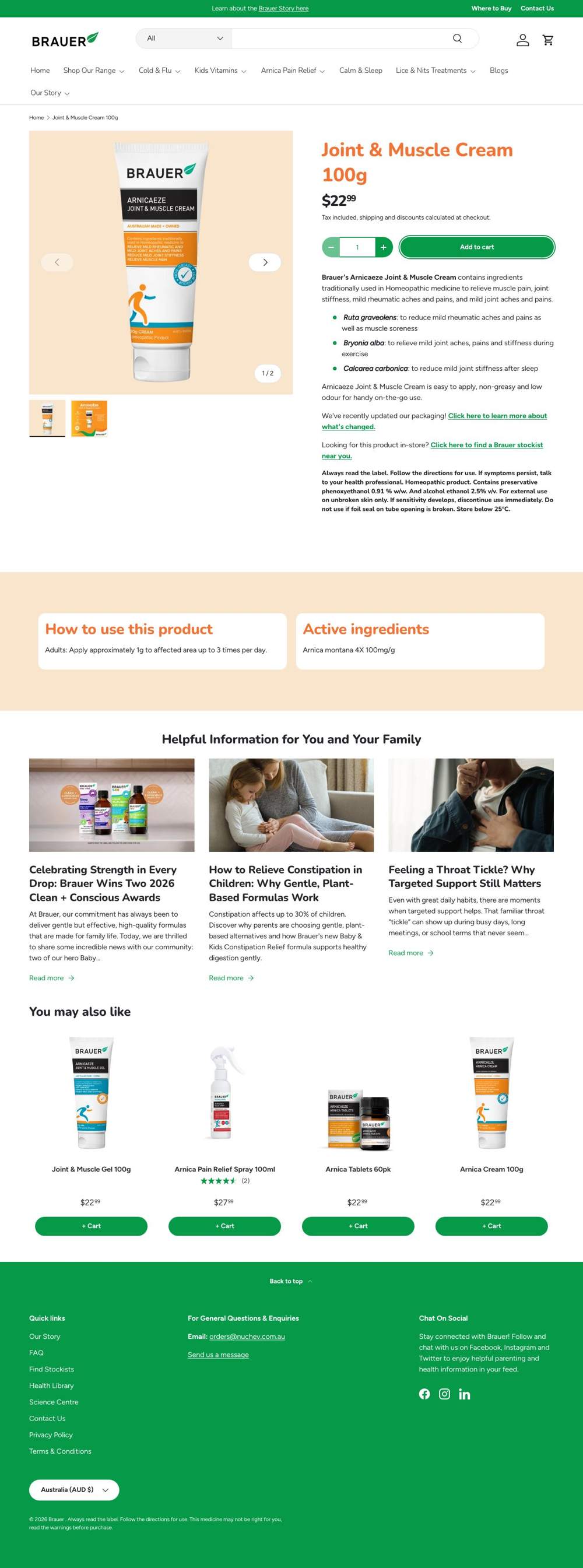 Brauer Natural Medicine landing page: Joint & Muscle Cream 100g