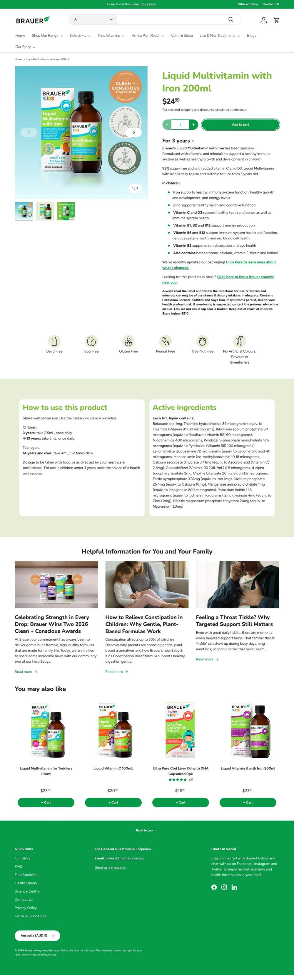 Brauer Natural Medicine landing page: Liquid Multivitamin with Iron 200ml