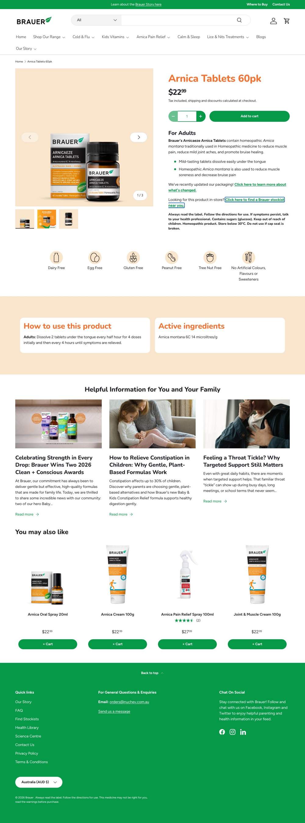 Brauer Natural Medicine landing page: Arnica Tablets 60pk