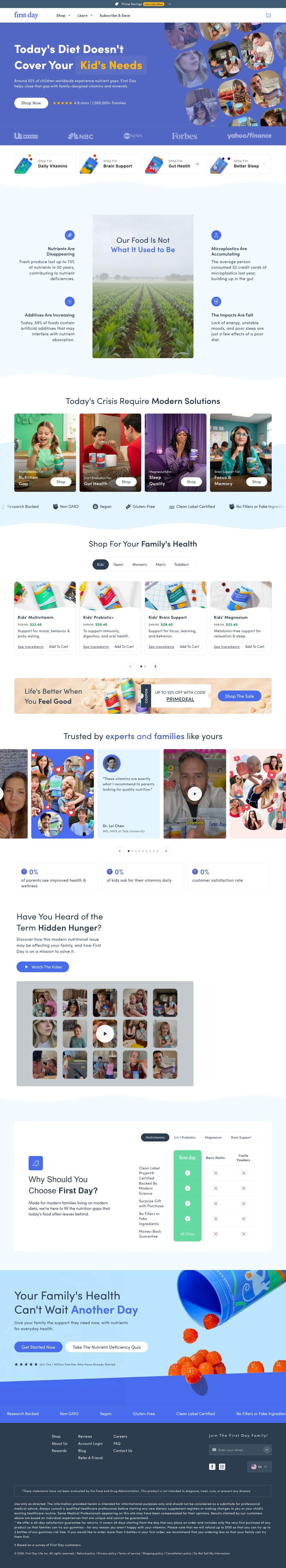 First Day landing page: Today's Diet Doesn't Cover Your Kid's Needs Teen's Needs Family's Needs