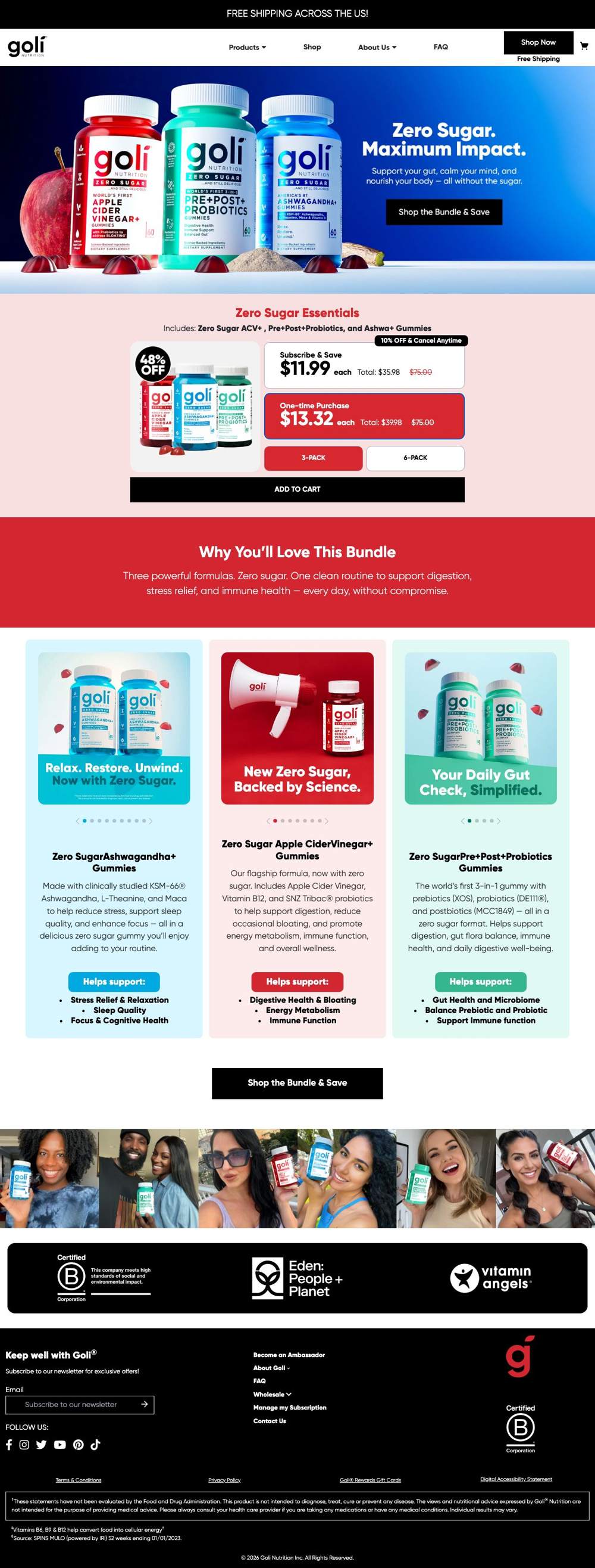 Goli Nutrition landing page: Zero Sugar Essentials