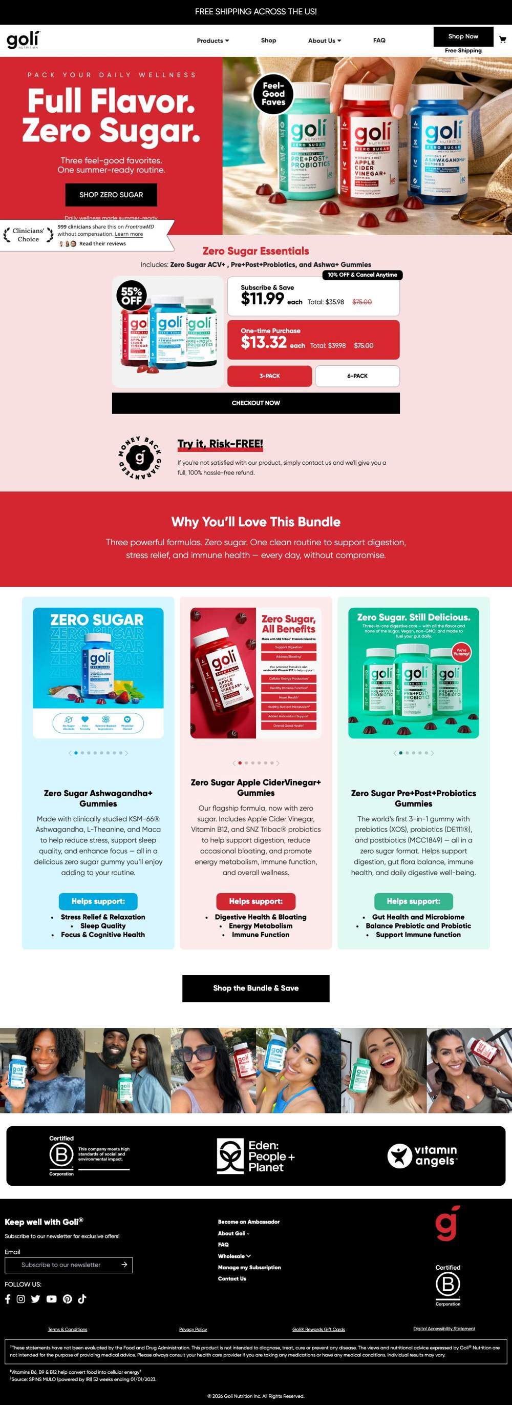 Goli Nutrition landing page: Zero Sugar Essentials