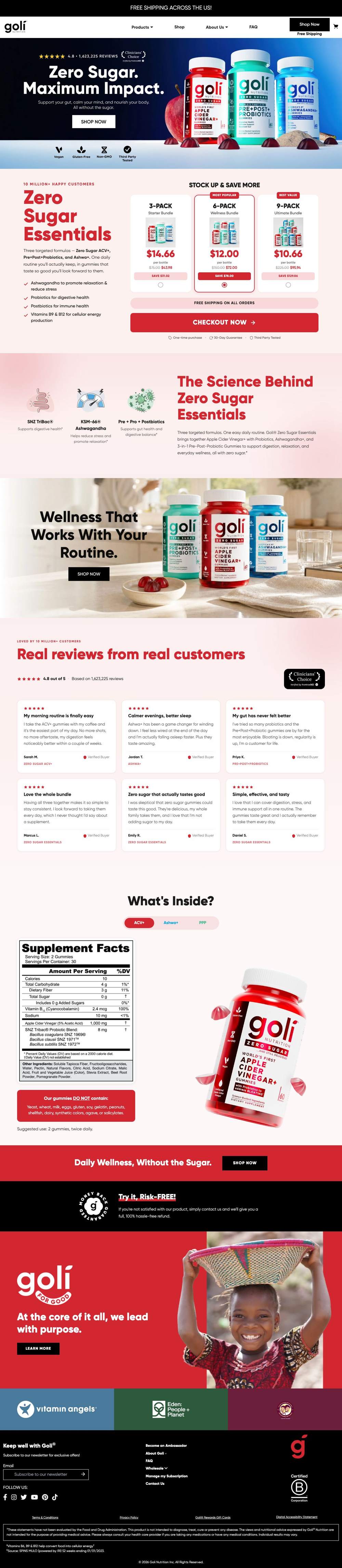 Goli Nutrition landing page: Zero Sugar Essentials