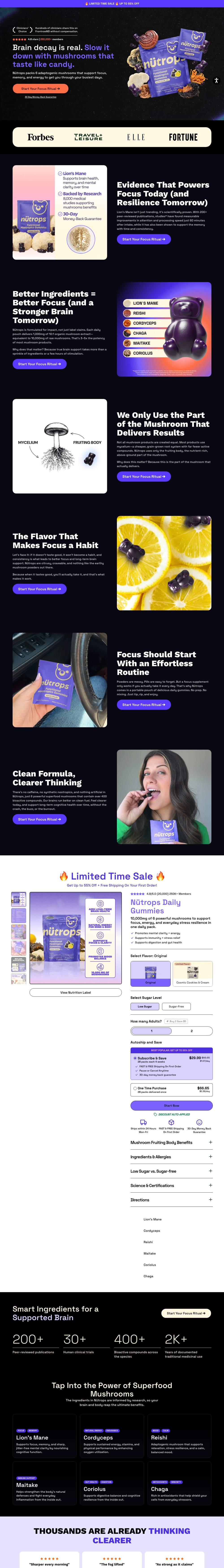 Grüns landing page: Brain decay is real. Slow it down with mushrooms that taste like candy.