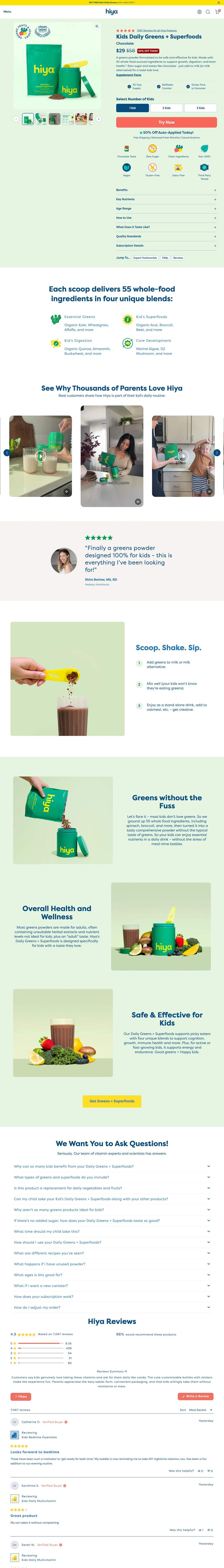 Hiya landing page: Kids Daily Greens + Superfoods