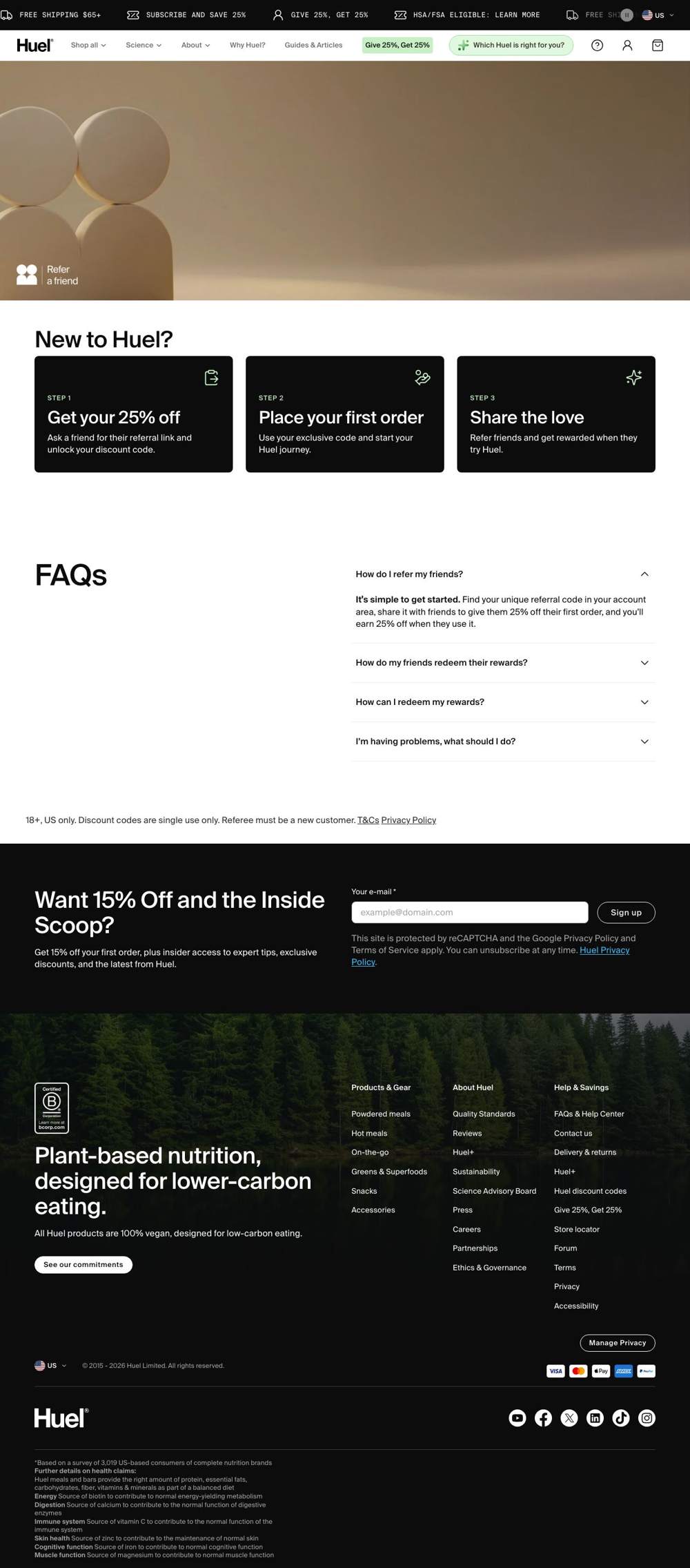 Huel landing page: Give 25%. Get 25%.