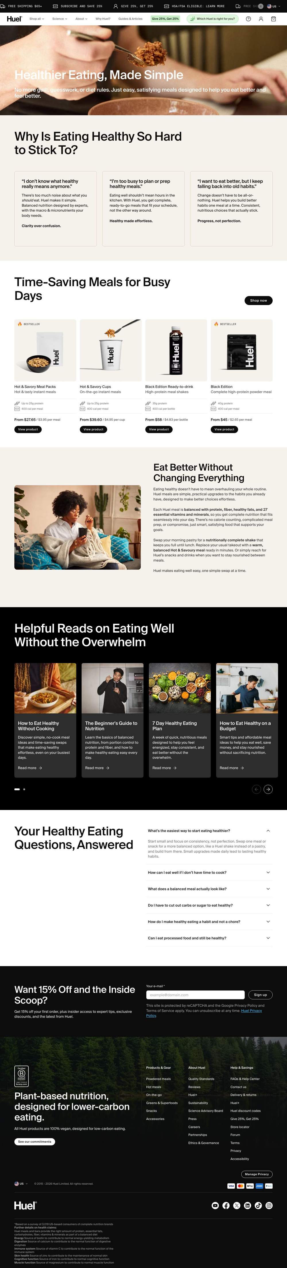 Huel landing page: Healthier Eating, Made Simple