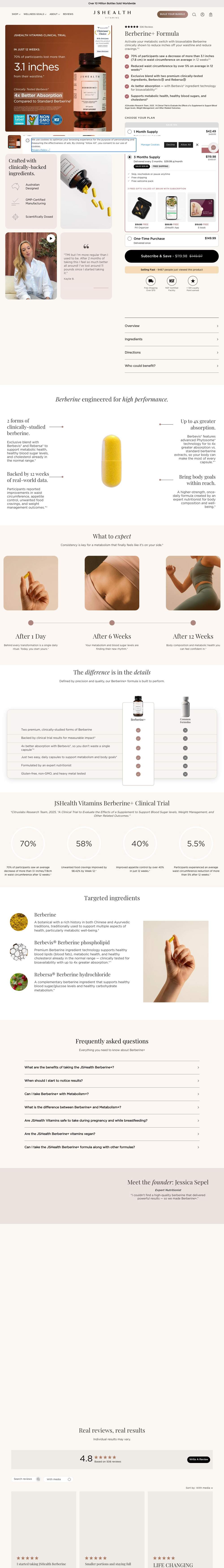 JSHealth Vitamins landing page: Berberine+ Formula