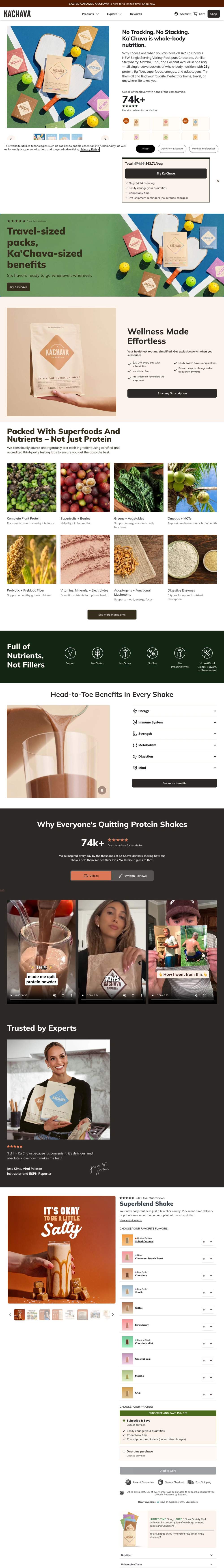 Ka'Chava landing page: No Tracking, No Stacking. Ka’Chava is whole-body nutrition.