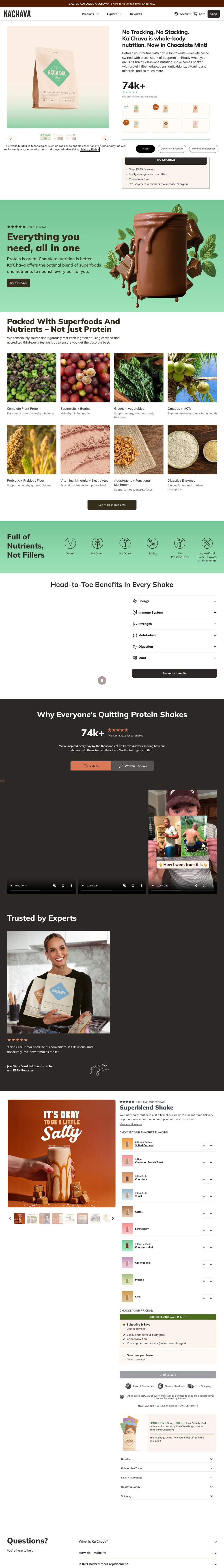 Ka'Chava landing page: No Tracking, No Stacking. Ka’Chava is whole-body nutrition. Now in Chocolate Mint!